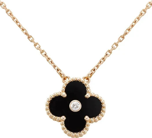[Regalia jewelry]CLOVER 15MM DIAMOND ONYX NECKLACE