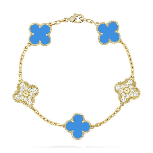 [Regalia jewelry]CLOVER 5 MOTIF BLUE CHALCEDONY DIAMOND GOLD BRACELET